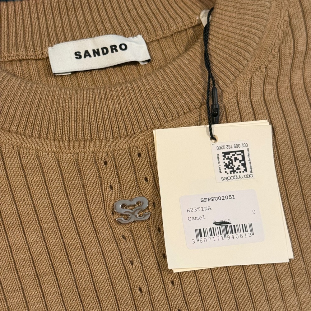 NWT Sandro Paris Tina Ribbed Wool Blend Short Sleeve Sweater Camel Tan XS - Picture 5 of 8